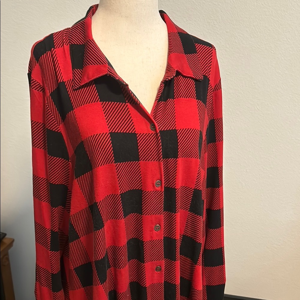 Kim Rodgers Red Black Plaid Check Button-Up Long Spandex Shirt Final Sale